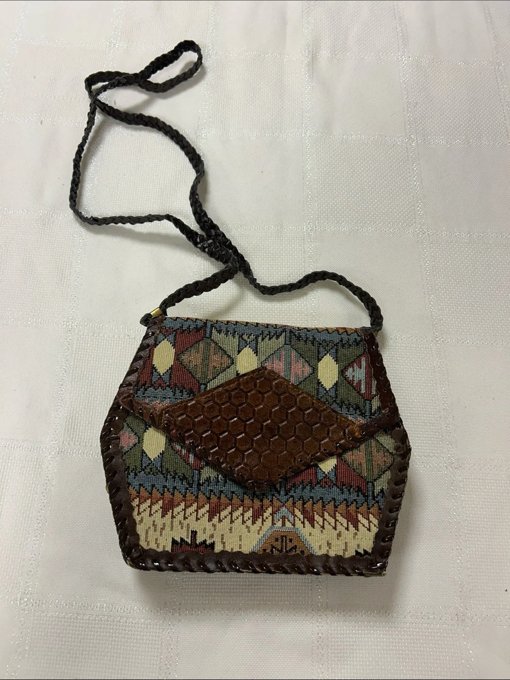 Boho Woven Tribal tapestry Crossbody Bag in Brown and Multicolor